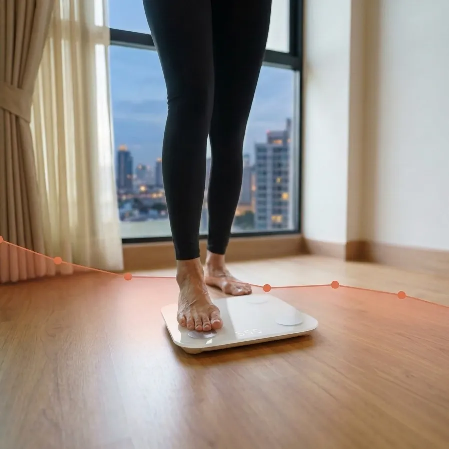 A senior stepping onto the MDWatch scale at home