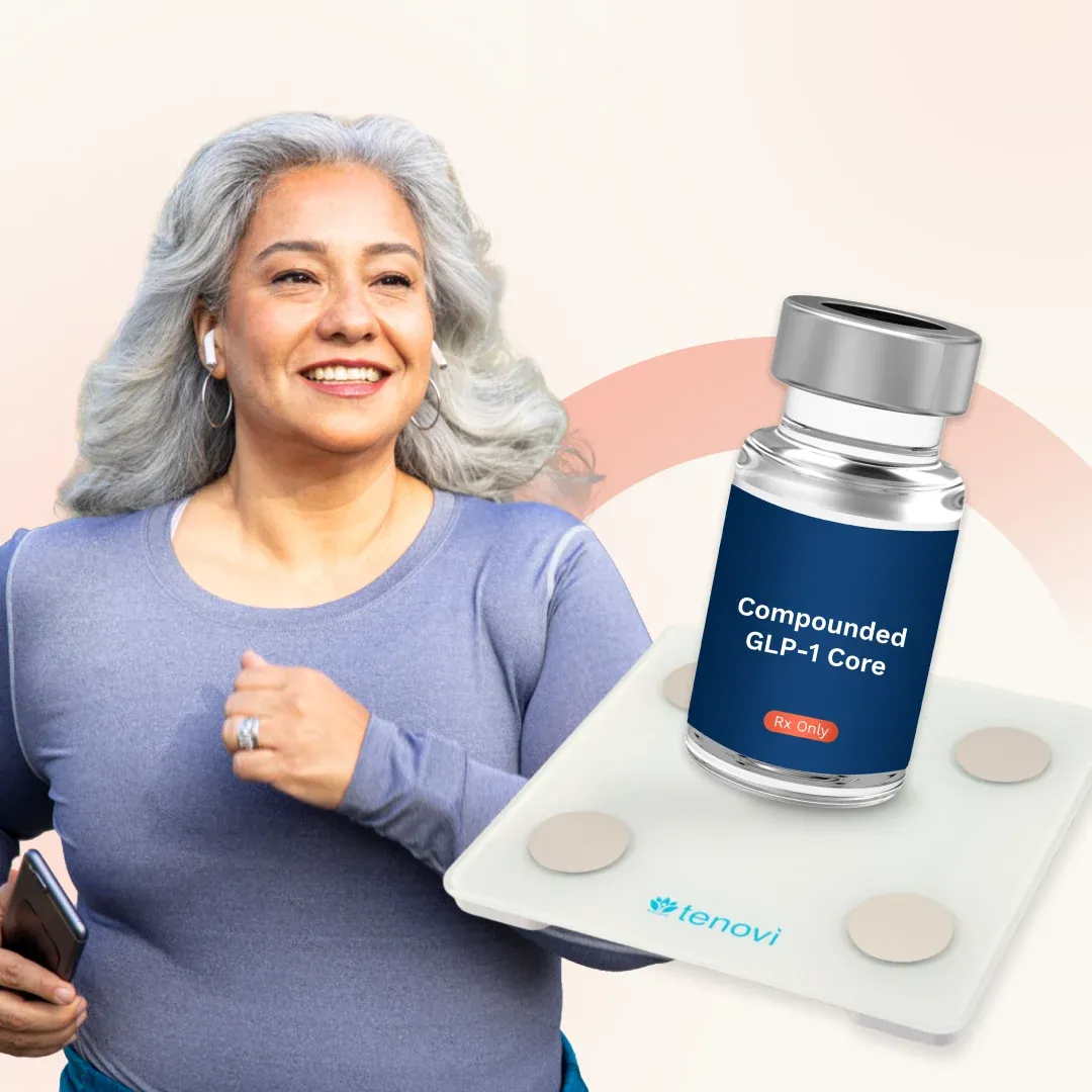 A smiling senior with her medication and connected smart scale